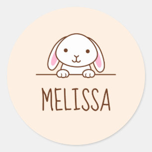 Cute Little Bunny Peeking above Custom Name 2 Classic Round Sticker