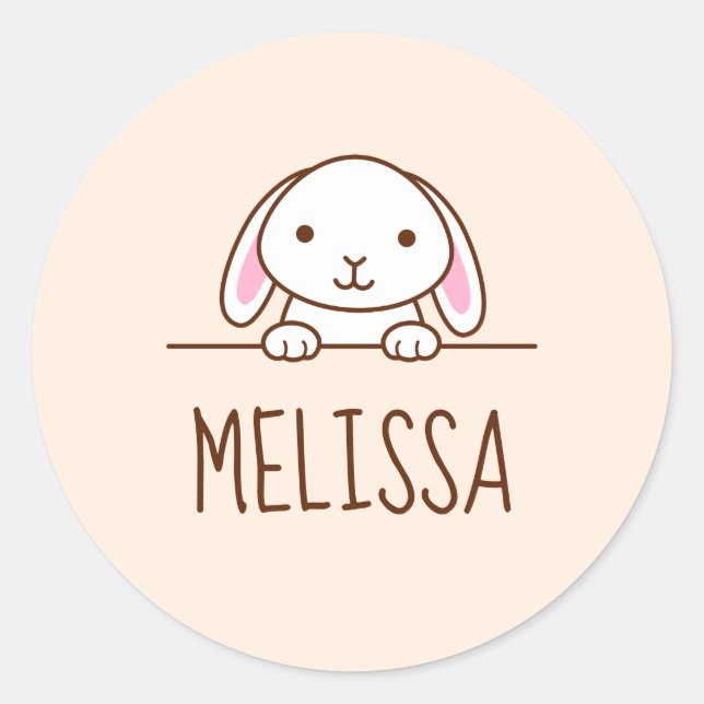 Cute Little Bunny Peeking above Custom Name 2 Classic Round Sticker (Front)