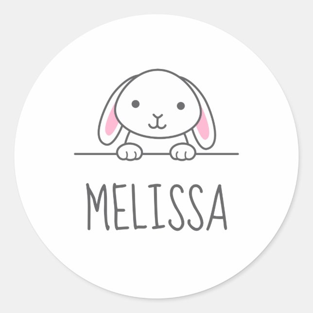 Cute Little Bunny Peeking above Custom Name Classic Round Sticker (Front)