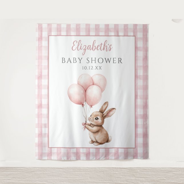 Cute Little Bunny Pink Baby Shower Photo Backdrop Tapestry (Front)