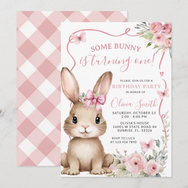 Cute Little Bunny Rabbit First Birthday Invitation (Front/Back)