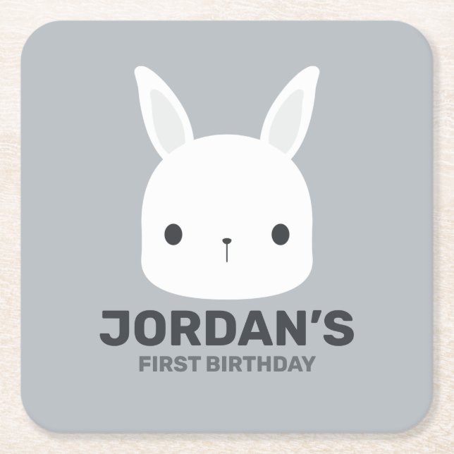 Cute Little Bunny Rabbit with Personalised Name Square Paper Coaster (Front)