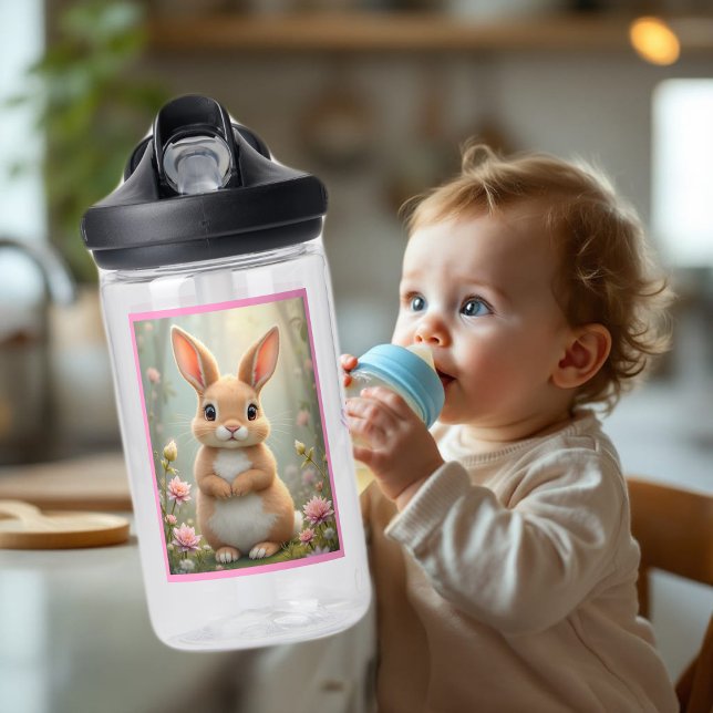 Cute little bunny surrounded by flowers, kids   water bottle (Creator Uploaded)