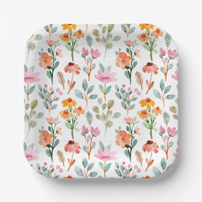 Cute Little Bunny Wildflowers Baby Shower  Paper Plate (Front)