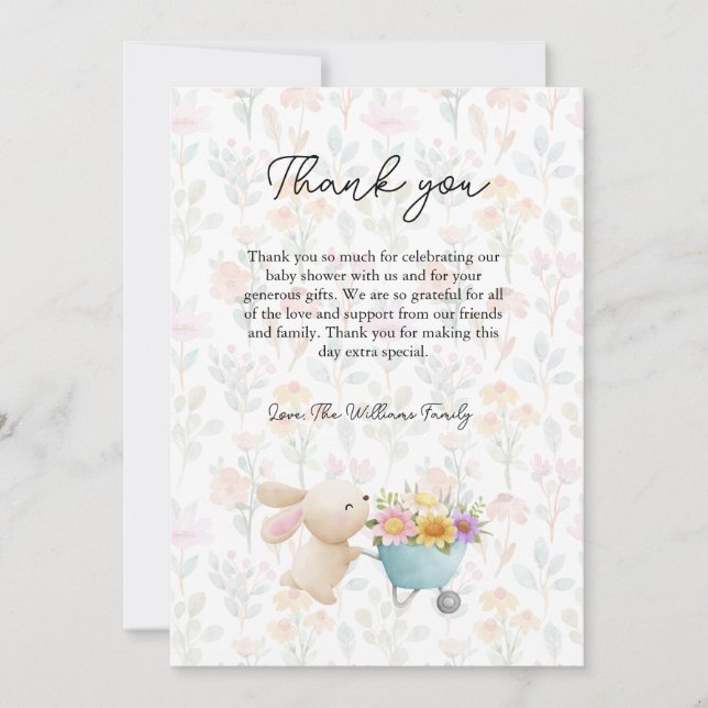 Cute Little Bunny Wildflowers Baby Shower  Thank You Card (Front)