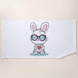 Cute Little Bunny With Glasses Heart Easter Day    Beach Towel