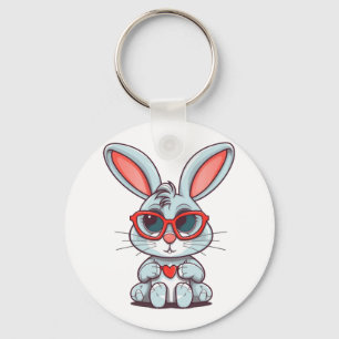 Cute Little Bunny With Glasses Heart Easter Day Key Ring