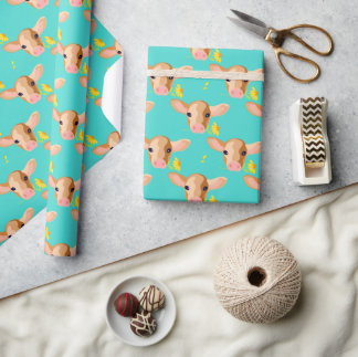 Cute Little Calf Head with Flower - Wrapping Paper