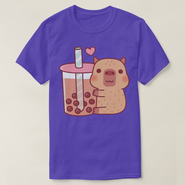 Cute Little Capybara Hugs Bubble Tea T-Shirt (Design Front)