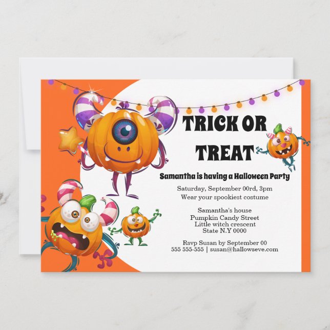 Cute little cartoon monsters kids halloween party invitation (Front)