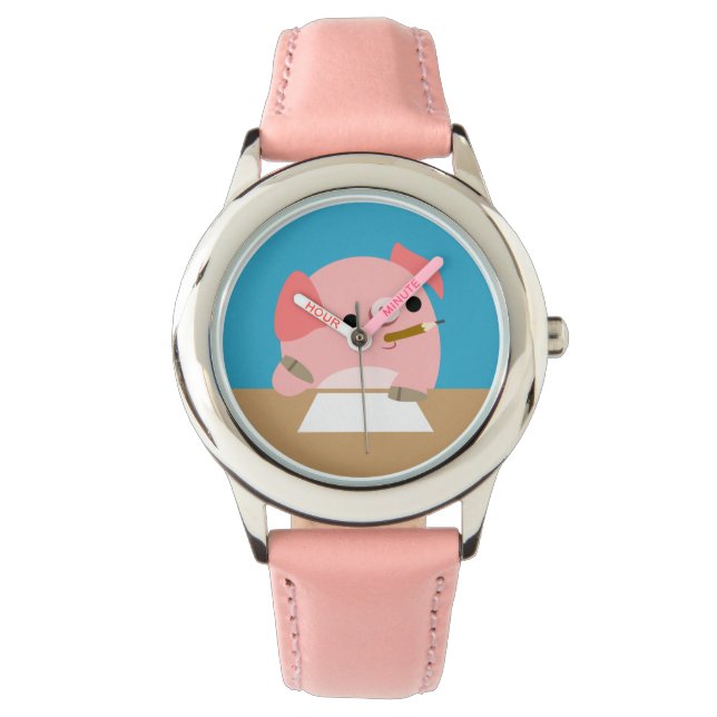 Cute Little Cartoon Pig "Writer's Block" Watch (Front)