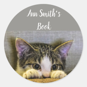 Cute Little Cat Book Plate to Customise Classic Round Sticker