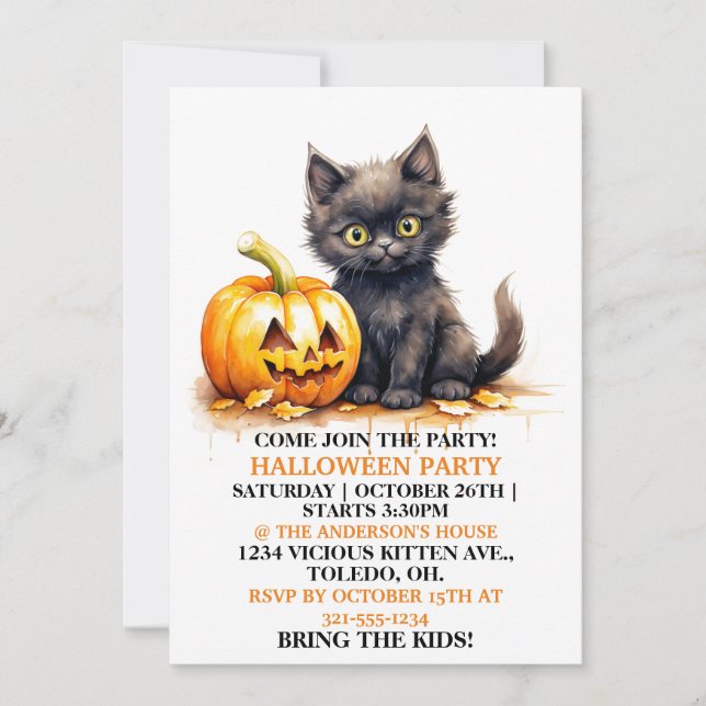 Cute Little Cat Happy Halloween Party Invitations (Front)