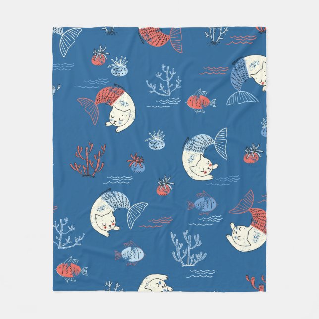 Cute little cat mermaid seamless pattern. Textured Fleece Blanket (Front)
