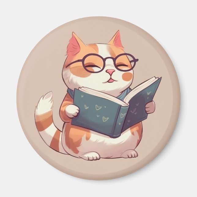Cute Little Cat Reading a Book Magnet (Front)
