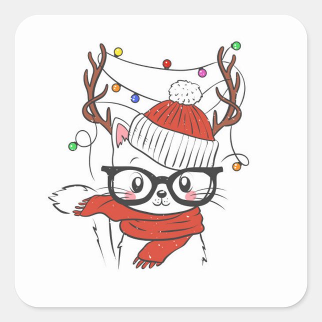 Cute little cat with deer horns square sticker (Front)