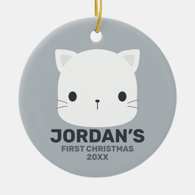 Cute Little Cat with Personalised Name Ceramic Tree Decoration (Front)