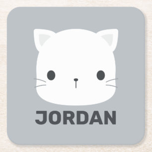 Cute Little Cat with Personalised Name Square Paper Coaster