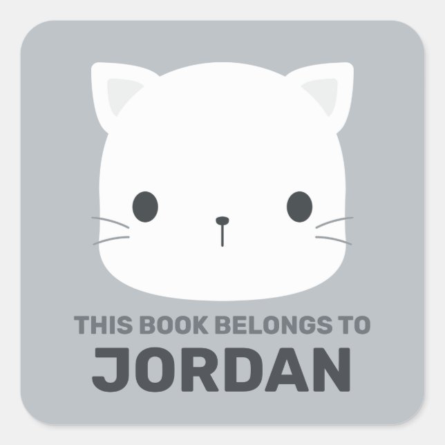 Cute Little Cat with Personalised Name Square Sticker (Front)