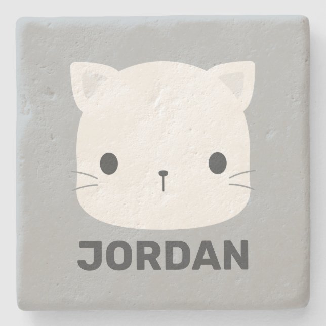 Cute Little Cat with Personalised Name Stone Coaster (Front)