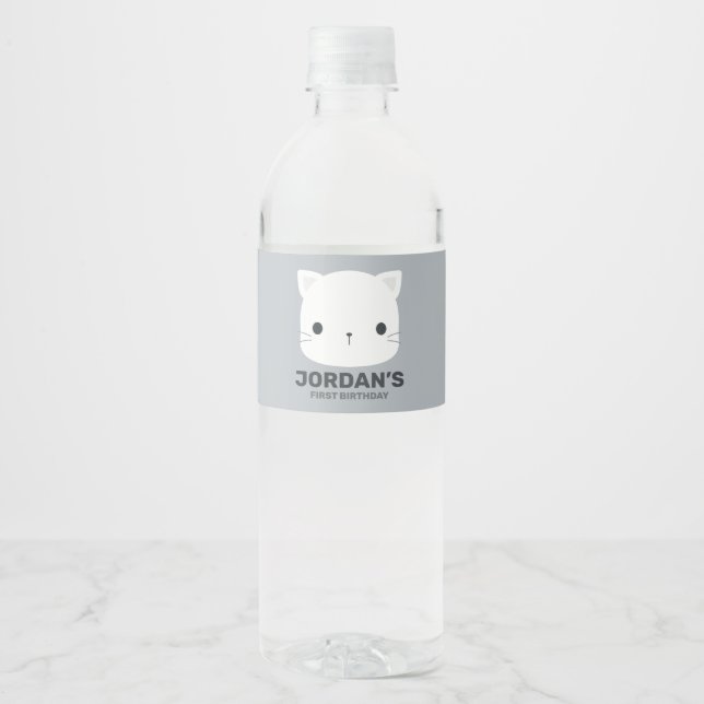 Cute Little Cat with Personalised Name Water Bottle Label (Front)