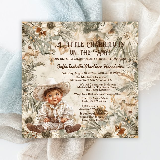 Cute Little Charro Baby Shower  Invitation (Cute charro baby shower invitation with adorable baby boy!)