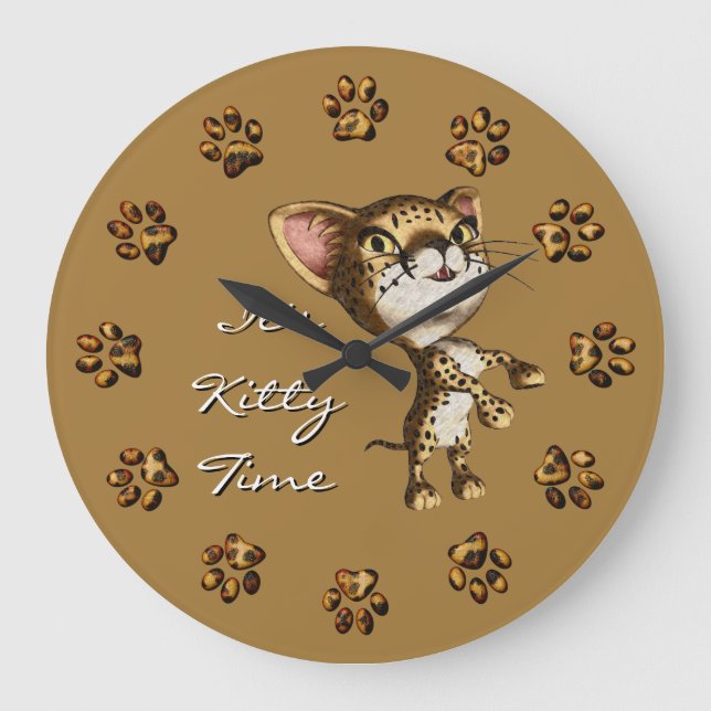 Cute Little Cheetah Print Bengal Kitty Kitten Cat Large Clock (Front)