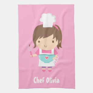 Cute Little Chef Baker Girl Personalised Tea Towel