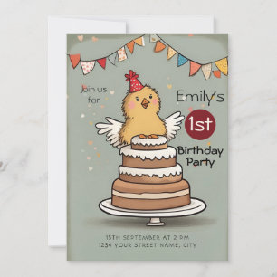 Cute Little Chicken on Cake 1st Birthday  Invitation