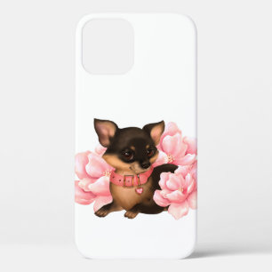 Cute little chihuahua dog with pink flowers iPhone 12 case