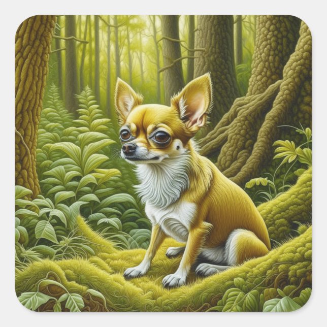 Cute Little Chihuahua Sitting in the Woods Square Sticker (Front)