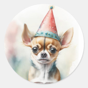 Cute Little Chihuahua with Birthday Hat Classic Round Sticker