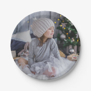 Cute little child girl and  the Christmas tree .jp Paper Plate