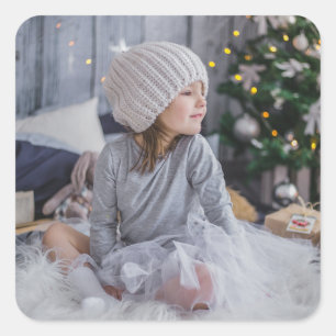 Cute little child girl and  the Christmas tree .jp Square Sticker