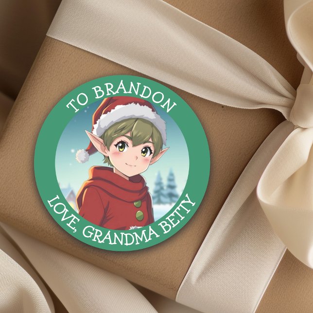 Cute Little Christmas Elf Personalised to and from Classic Round Sticker (Creator Uploaded)