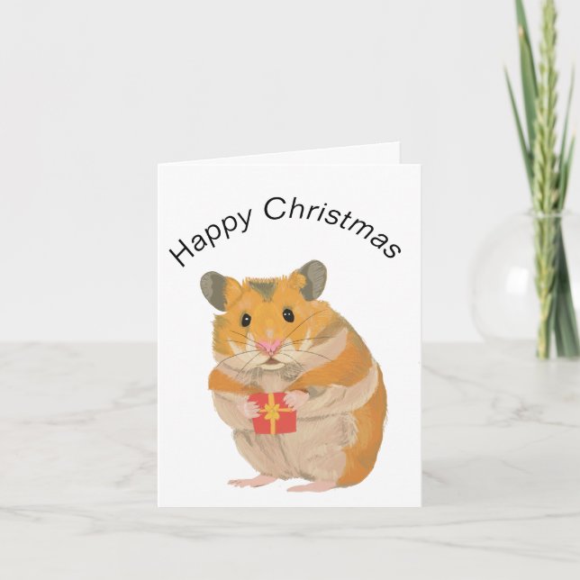 Cute little Christmas Hamster holding a present   Card (Front)