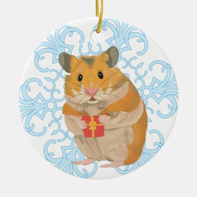 Cute little Christmas Hamster holding a present Ceramic Tree Decoration (Front)