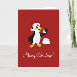 Cute little Christmas penguin with a snowball Holi Holiday Card