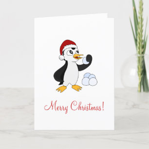 Cute little Christmas penguin with a snowball Holiday Card