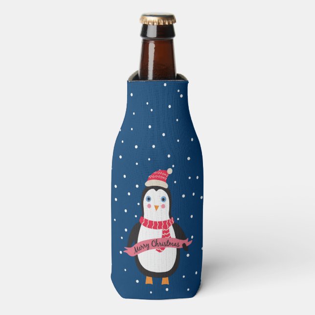 Cute little Christmas Penquin "Merry Christmas" Bottle Cooler (Bottle Front)