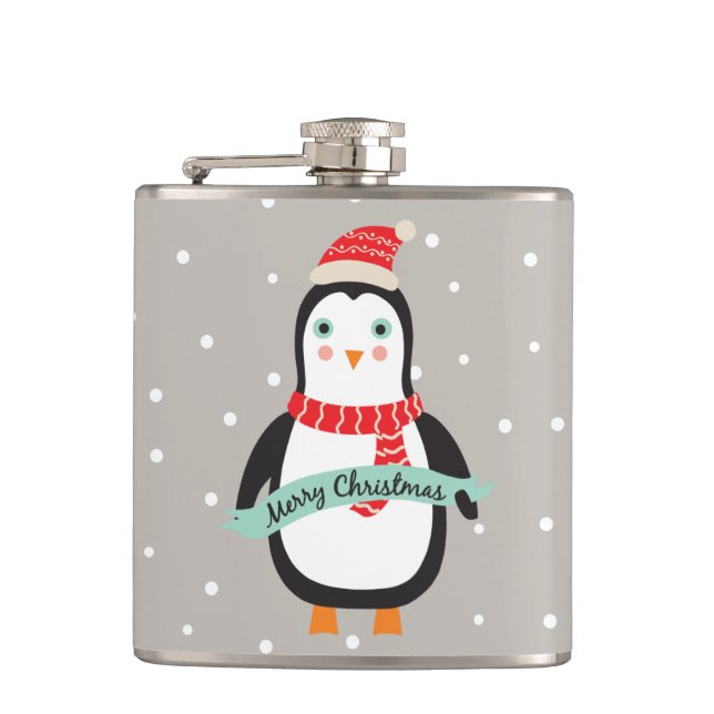 Cute little Christmas Penquin "Merry Christmas" Hip Flask (Front)