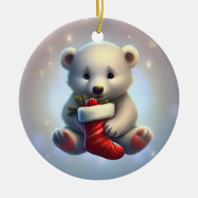 Cute Little Christmas Polar Bear Ceramic Tree Decoration (Front)