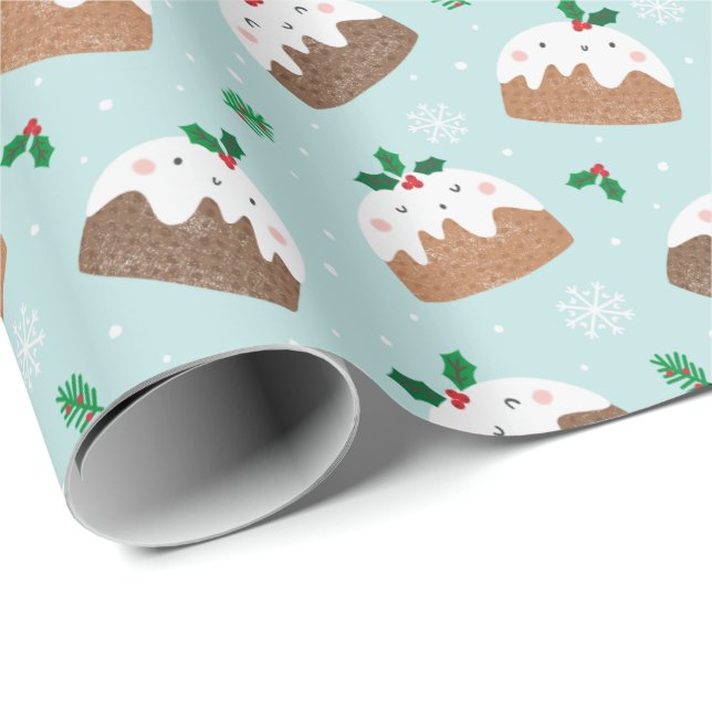 Cute little christmas puddings on light blue wrapping paper (Roll Corner)