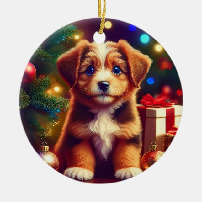 Cute Little Christmas Puppy Ceramic Tree Decoration (Front)