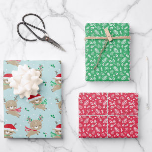 Cute Little Christmas Reindeer on blue Wrapping Paper Sheet