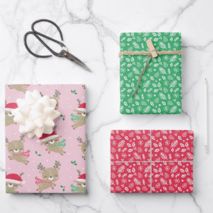 Cute Little Christmas Reindeer on pink Wrapping Paper Sheet