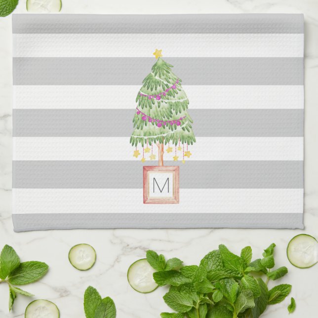Cute little Christmas Tree with monogram kitchen Tea Towel (Folded)