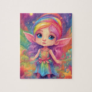Cute little colorful elf girl in enchanted forest jigsaw puzzle