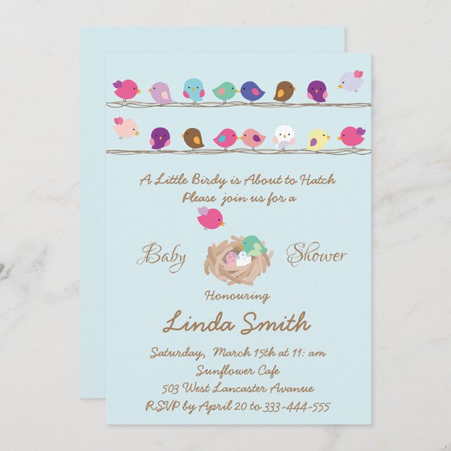 cute little colourful birds baby shower invitation (Front/Back)