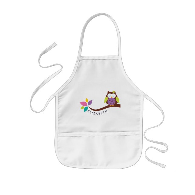 Cute Little colourful owl on a branch Personalised Kids Apron (Front)